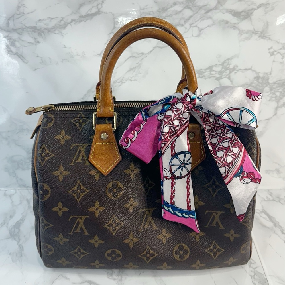 Louis Vuitton Brown Monogram Satchel with Pink Accent Scarf